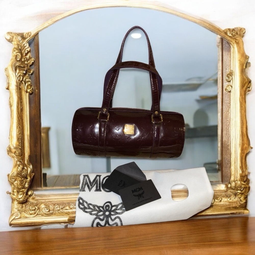 MCM Patent Monogram Essential Barrel Bag Bordeaux EUC - Picture 12 of 14
